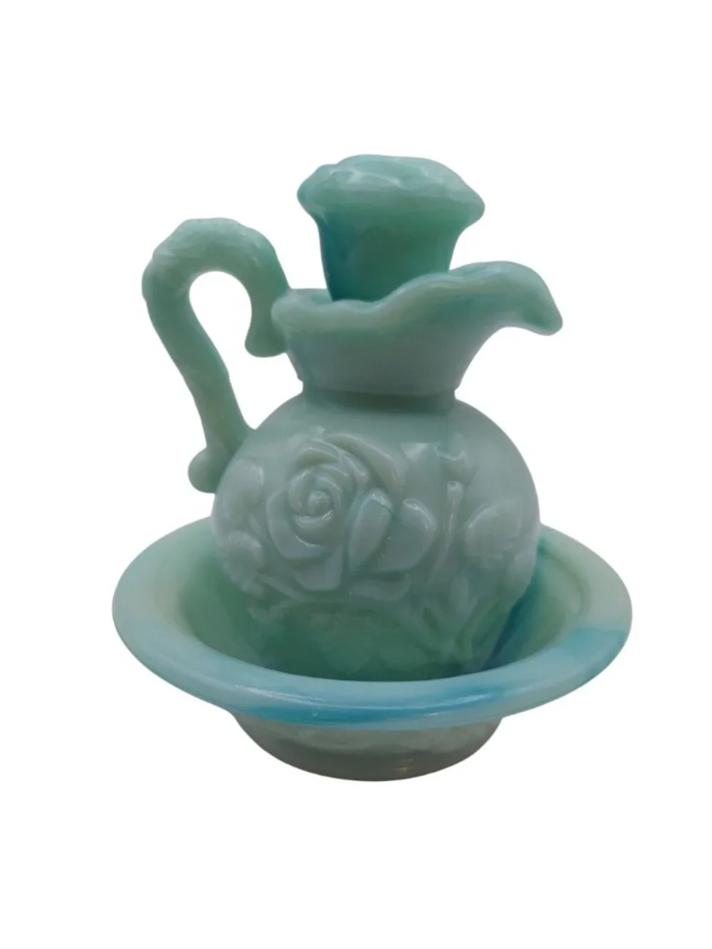 Avon Victoriana Pitcher Bowl Set Miniature Green Slag Glass Vintage Collectible